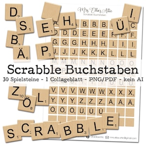 Letras de Scrabble | A-Z, diéresis, espacios en blanco | Puntos en alemán | Kit para diario basura | Materiales para álbumes de recortes | Imágenes prediseñadas PNG | Digital | Descarga instantánea
