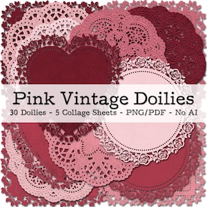 30 Paper Doilies | 5 Styles - 6 Shades of Pink | Junk Journal Kit | Scrapbook Supplies | PNG Clipart | digital Fussy Cut | instant download