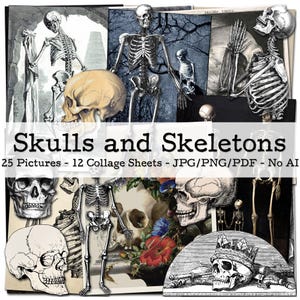 Könnte beinhalten: Eine digitale Collage-Sammlung mit dem Titel Skulls and Skeletons, die 25 Bilder und 12 Bögen in den Formaten JPG, PNG und PDF enthält. Die Bilder zeigen verschiedene anatomische menschliche Schädel und Skelette in Schwarz, Weiß und Sepia.