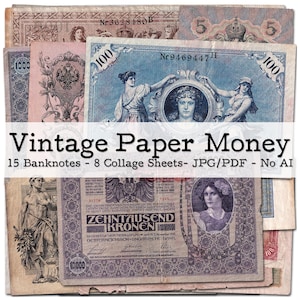 Vintage Paper Money | 1890s - 1960s Ephemera | Austria, Germany, Russia | Travel Diary | Junk Journal Kit | digital | instant download