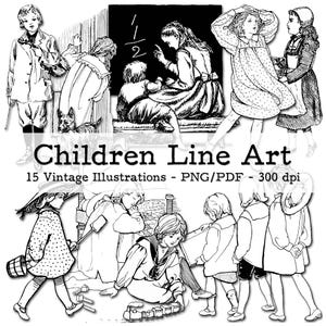 Enfants Vintage - Illustrations | Livre de coloriage DIY | Éphémères des années 1890 | Kit de journal indésirable | Clipart PNG | coupe numérique précise | téléchargement instantané
