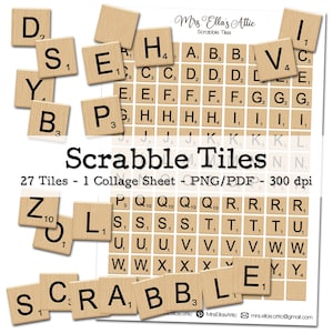 Letras do Scrabble | A-Z e vazio | Pontos ingleses | Kit de diário de lixo | materiais de arte digital | PNG Clipart | download instantâneo para impressão