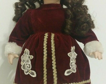 Vintage porcelain doll from Leonardo 40cm Tall , for collector or enthusiast, in Velvet Festive , Christmas style dress