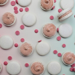 Può includere: Una varietà di macarons rosa e bianchi con granella di cioccolato rosa su uno sfondo sfumato rosa e blu.