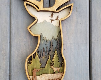 DIGITAL SVG FILE Glowforge Laser Cut Layered Deer Hunting Scene Art Wall Hanging