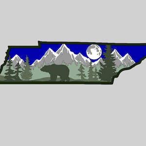 DIGITAAL SVG-BESTAND Glowforge lasergesneden Tennessee Bear Moon Mountain meerlaagse scène