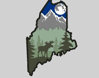 DIGITAL SVG FILE Glowforge Laser Cut Maine Moose Moon Mountain Multi-Layer Scene
