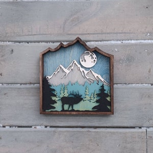DIGITAL SVG FILE Glowforge Laser Cut Elk Moose Moon Mountain Multi-Layer Scene