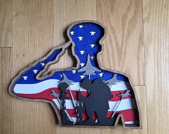 DIGITAL SVG File Glowforge Laser Cut USA American Flag Memorial Military Salute Soldier Layered Sign