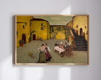 Italian Courtyard Oil Painting: European Village Scene, Family Wall Art (91.4 x 61 cm)