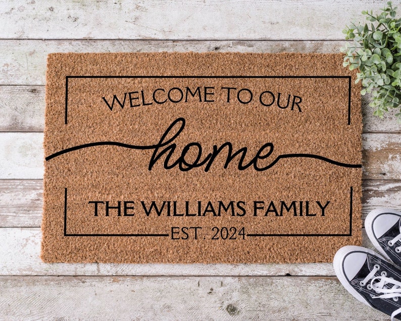 Welcome To Our Home Personalized Name Doormat, Flocked Coir Door Welcome Mat, Engagement Wedding Gift, Realtor Client Gift, Outdoor Rug