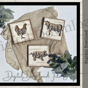 May include: Three wooden signs with a farmhouse theme. Each sign features a different farm animal, including a chicken, a cow, and a pig. The animals are cut out of the wood and have a floral design.