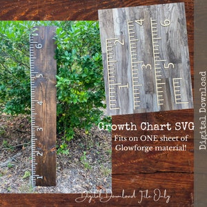 May include: A wooden growth chart with white numbers from 1 to 6. The chart is designed to fit on one sheet of Glowforge material. The text "Growth Chart SVG" is written in white on a brown wooden background. The text "Digital Download" is written in white on a brown wooden background. The text "Laser Cut File SVG | DXF | PNG" is written in white on a brown wooden background.