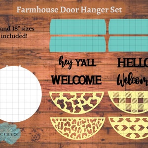 May include: A set of farmhouse door hangers in two sizes, 11 inches and 18 inches. The set includes four different designs: a leopard print, a plaid pattern, a chevron pattern, and a welcome sign with the text "hey YALL WELCOME" and "HELLO Welcome".