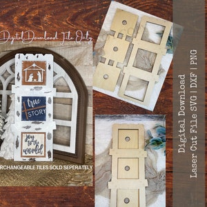 Puede incluir: Un recorte de madera de un estante de tres niveles con tres azulejos intercambiables. Los azulejos tienen las palabras "true story", "joy to the world" y una escena de la natividad. El texto "Digital Download Laser Cut File SVG | DXF | PNG" está en la esquina superior derecha de la imagen.