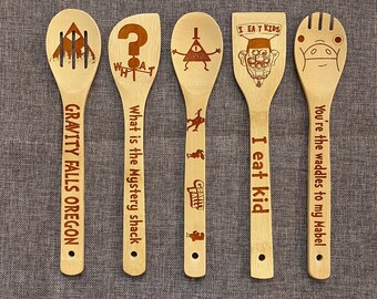 Gravity Falls Inspired Burned Spoons, Dipper Pines Bamboo Spoon Set, Oregon Town Bamboo Spoon Set of 5