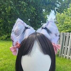 Black and White Cat Ears | Realistic White Cat Ears | Spotted Kitten Ears Headband | White Nekomimi Ears | Cosplay Ears | Petplay Ears