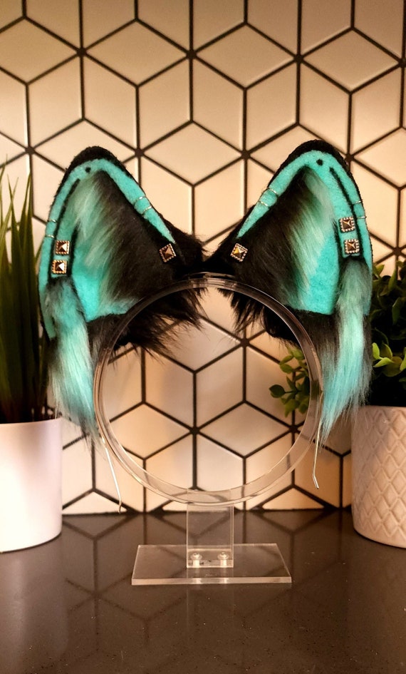 Turquoise and Black Wolf Ears | Warrior Wolf Ears | Fantasy Wolf Ears | Cosplay Wolf Ears | Costume Wolf Ears | Canine Ears | Petplay Ears