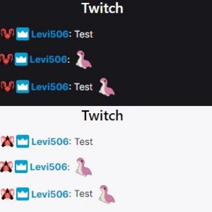 May include: A screenshot of a Twitch chat log showing the username "Levi506" with the text "Test" and a pink cartoon creature icon. The timestamp is 12:00, 12:01, and 12:02.