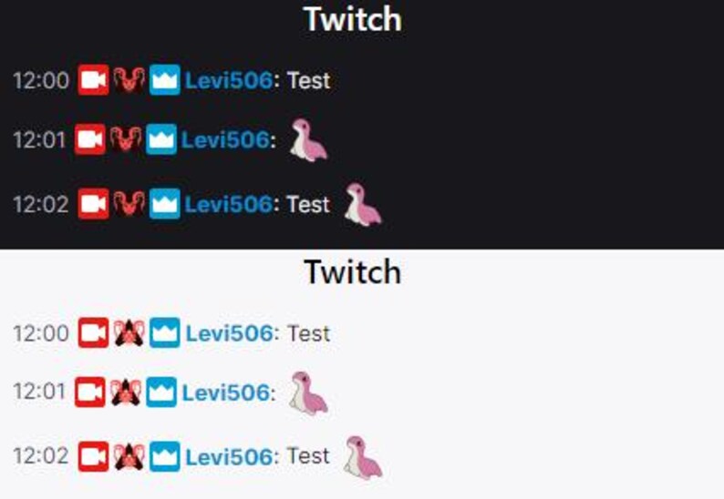 May include: A screenshot of a Twitch chat log showing the username "Levi506" with the text "Test" and a pink cartoon creature icon. The timestamp is 12:00, 12:01, and 12:02.