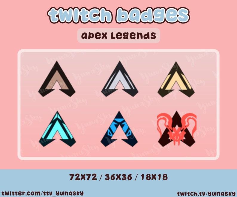 May include: A set of six Apex Legends Twitch badges in different colors and sizes. The badges are in the shape of a triangle with a black outline and a white interior. The badges are arranged in two rows of three. The text "twitch badges" and "apex legends" is at the top of the image. The text "72x72 / 36x36 / 18x18" is at the bottom of the image. The text "twitter.com/ttv_yunasky" is at the bottom left of the image. The text "twitch.tv/yunasky" is at the bottom right of the image.