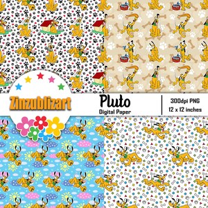 Pu&ograve; includere: Carta digitale con quattro diversi motivi di Pluto, il cane Disney. I motivi includono Pluto che corre, Pluto con un osso, Pluto con una cuccia per cani e Pluto con una ciotola di cibo. La carta &egrave; a 300 dpi e misura 12 x 12 pollici.