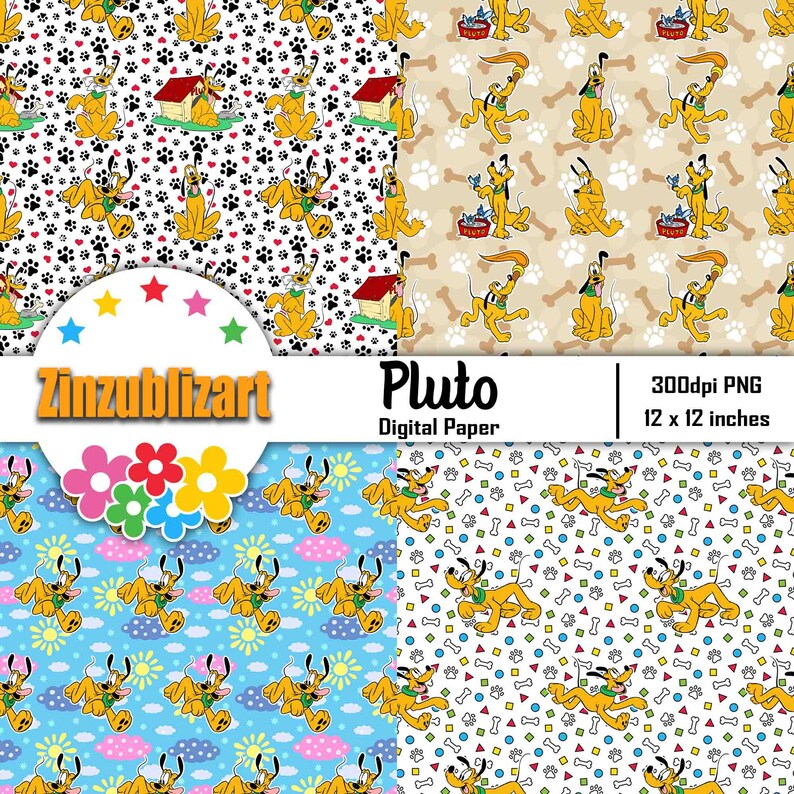 Pu&ograve; includere: Carta digitale con quattro diversi motivi di Pluto, il cane Disney. I motivi includono Pluto che corre, Pluto con un osso, Pluto con una cuccia per cani e Pluto con una ciotola di cibo. La carta &egrave; a 300 dpi e misura 12 x 12 pollici.