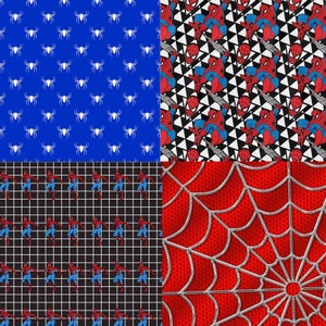 May include: Four different patterns featuring a red and blue superhero. The first pattern is a blue background with white spiders. The second pattern is a black and white background with red and blue superheroes. The third pattern is a black background with a white grid and red and blue superheroes. The fourth pattern is a red background with a silver web.