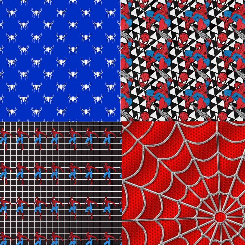 May include: Four different patterns featuring a red and blue superhero. The first pattern is a blue background with white spiders. The second pattern is a black and white background with red and blue superheroes. The third pattern is a black background with a white grid and red and blue superheroes. The fourth pattern is a red background with a silver web.