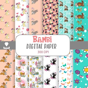 May include: A set of 10 digital papers featuring various patterns with Bambi, Thumper, and Flower characters. The patterns include pink, blue, and white backgrounds with floral, butterfly, and geometric designs. The text "Bambi Digital Paper 300 DPI" is displayed on a gray banner.
