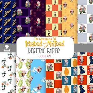 Op de afbeelding: Digitaal papierpakket met patronen met Ichabod Crane en Mr. Toad uit de Disney-film De avonturen van Ichabod en Mr. Toad. De patronen omvatten een geruit patroon, een patroon met de personages en een patroon met bloemen en bladeren.