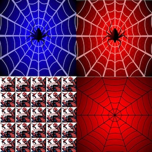 May include: A digital collage featuring a red and blue spider web pattern with a black spider in the center of each web. The bottom section of the collage features a repeating pattern of a cartoon spider-man character in a red and blue suit.