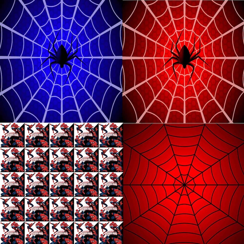 May include: A digital collage featuring a red and blue spider web pattern with a black spider in the center of each web. The bottom section of the collage features a repeating pattern of a cartoon spider-man character in a red and blue suit.