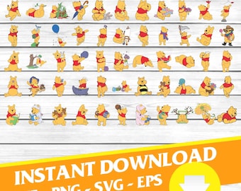 May include: A set of 48 Winnie the Pooh digital clipart images in various poses and activities. The images are in a cartoon style and feature Winnie the Pooh in different outfits and settings.  The images are perfect for crafting, scrapbooking, and other creative projects.