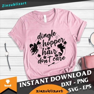 May include: Pink t-shirt with a black graphic design that says "dingle hopper hair don't care". The graphic also includes a mermaid, a crab, and a starfish. The text "INSTANT DOWNLOAD DXF - PNG SVG - EPS" is at the bottom of the image.