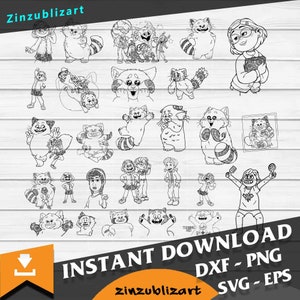 May include: A set of 25 black and white digital illustrations of a cartoon red panda character in various poses. The character is wearing a variety of outfits, including a school uniform, a red shirt, and a blue shirt. The illustrations are perfect for use in crafting projects, scrapbooking, or digital design.