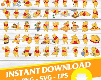 May include: A set of 48 Winnie the Pooh SVG cut files. The files feature Winnie the Pooh in various poses and activities, including holding a honey pot, playing baseball, and sitting on a rocking horse. The files are perfect for creating personalized crafts, decorations, and gifts.