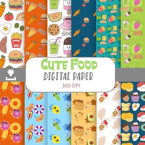 May include: A set of 12 digital papers featuring cute food illustrations. The papers are in a variety of colors and feature different foods, such as donuts, ice cream, sandwiches, and fruit. The papers are 300 DPI and are perfect for scrapbooking, card making, and other craft projects.