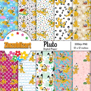 Può includere: Un pacchetto di carta digitale con 12 diversi motivi di Pluto, il cane Disney. I motivi includono vari colori e design, come pois, strisce, cuori e stelle. La carta è a 300 dpi e misura 12 x 12 pollici.