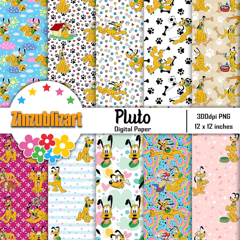 Pu&ograve; includere: Un pacchetto di carta digitale con 12 diversi motivi di Pluto, il cane Disney. I motivi includono vari colori e design, come pois, strisce, cuori e stelle. La carta &egrave; a 300 dpi e misura 12 x 12 pollici.