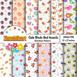 May include: A set of 12 digital seamless patterns featuring cute birds, butterflies, bees, and snails. The patterns are in various colors, including pink, blue, yellow, green, and red. The patterns are 300dpi PNG files and are 12 inches by 12 inches.