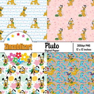 Pu&ograve; includere: Quattro design di carta digitale con Pluto, un cane dei cartoni animati Disney. I design includono uno sfondo a strisce blu e bianco con stelle, uno sfondo rosa con cuori e coriandoli, uno sfondo bianco con nuvole, cuori e soli, e uno sfondo blu con vortici rosa e gialli.