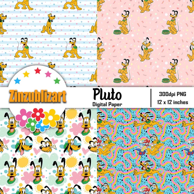 Pu&ograve; includere: Quattro design di carta digitale con Pluto, un cane dei cartoni animati Disney. I design includono uno sfondo a strisce blu e bianco con stelle, uno sfondo rosa con cuori e coriandoli, uno sfondo bianco con nuvole, cuori e soli, e uno sfondo blu con vortici rosa e gialli.