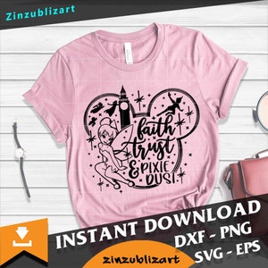 May include: A pink t-shirt with a black graphic design featuring Tinkerbell, Big Ben, and the words "faith trust & pixie dust".