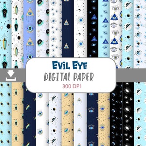 May include: A set of 20 digital papers featuring various patterns with an evil eye theme. The patterns include blue, gold, white, and black colors. The patterns are perfect for scrapbooking, card making, and other craft projects.  Evil Eye Digital Paper 300 DPI