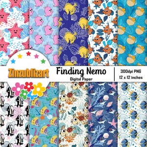 May include: A set of 12x12 inch digital papers featuring Finding Nemo characters. The papers include patterns of Dory, Nemo, Marlin, sea turtles, starfish, and coral. The papers are 300dpi PNG files.
