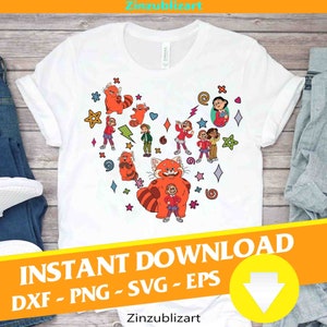 May include: A white t-shirt with a colorful design featuring a red panda and several cartoon characters. The design includes stars, hearts, and swirls. The text "INSTANT DOWNLOAD DXF - PNG - SVG - EPS" is at the bottom of the image.