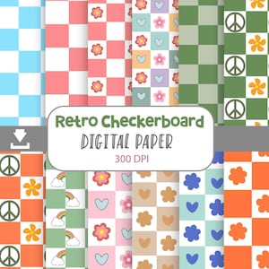 May include: Set of 10 digital papers featuring retro checkerboard patterns in various colors, including blue, green, pink, orange, and brown. Each pattern includes a different design element, such as flowers, hearts, rainbows, and peace signs. The text "Retro Checkerboard Digital Paper 300 DPI" is displayed on a gray banner.