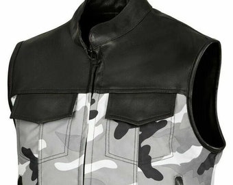 Mick Citycamo - Black / white / gray camo and leather club biker vest,Mens Vest,Leather Vest,Motorcycle Leather Vest