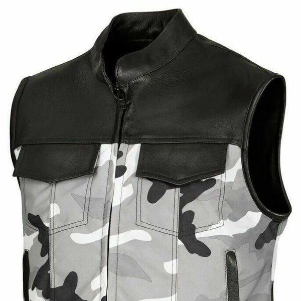 Mick Citycamo - Black / white / gray camo and leather club biker vest,Mens Vest,Leather Vest,Motorcycle Leather Vest